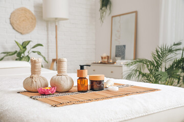 Beautiful spa composition on couch in salon