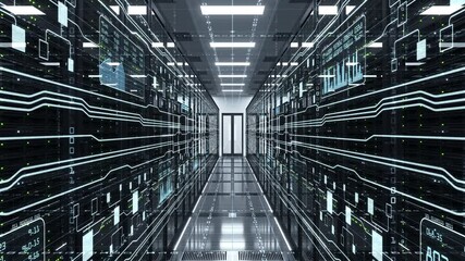 Transmission of digital information over a network between computing servers and a big data storage in a data center server room. Concept of cloud computing, cloud storage and machine learning. 4K - Powered by Adobe