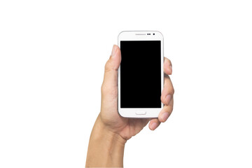 Man hand holding smartphone isolated on white background, This has clipping path.