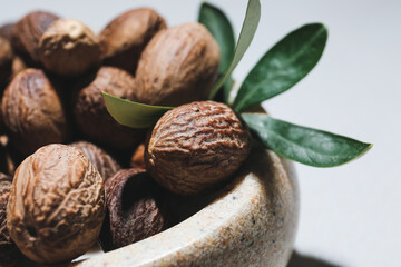 Bowl with shea nuts, closeup