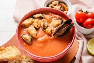 Bowl of tasty Cacciucco soup on light wooden background