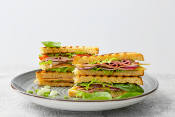 Plate with tasty sandwiches on light background, closeup