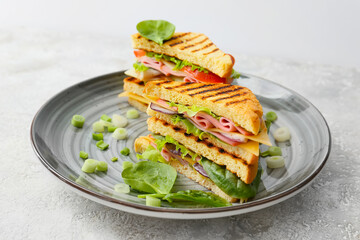 Plate with tasty sandwiches on light background, closeup