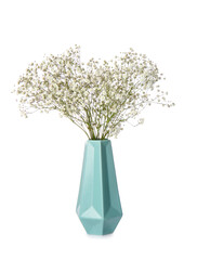 Stylish vase with beautiful gypsophila flowers on white background