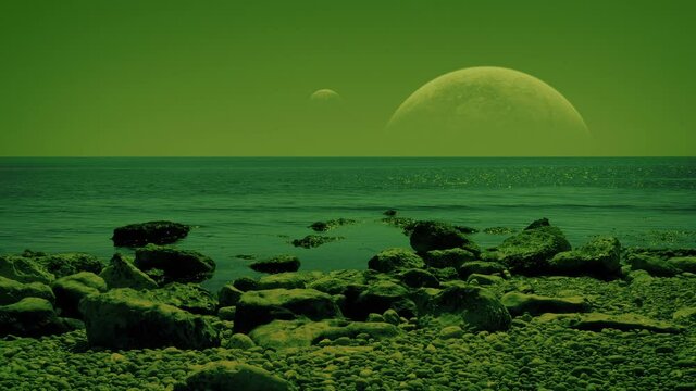 Water On Green Planet With Two Moons
