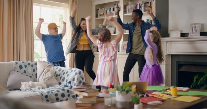 happy multiracial family dancing at home having fun enjoying dance celebrating exciting weekend together 4k footage