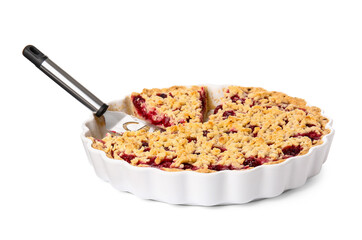 Baking dish with tasty cherry pie on white background