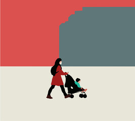 Mother walks with a stroller in a city park. Travel During Pandemic Concept. Simple flat vector illustration