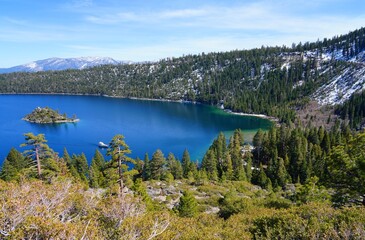 Landscape view of Fannette Island in Emerald Bay, South Lake Tahoe, California