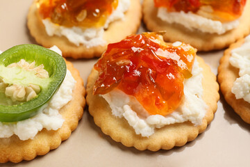 Delicious crackers with cottage cheese and jalapeno pepper jam, closeup