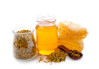 Different bee products on white background