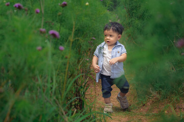 A little boy cute run on a road in the forest. (Soft photo with blurring and selective focus)