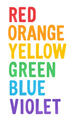 Water color illustration of bright colorful words: Red, Orange Yellow, Green, Blue, Violet. Hand painted graphic drawing on white background, isolated element for design, poster, banner, modern print.