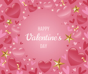 Valentine's day card with 3d pink hearts, arrow hearts, stars, confetti, glowing lights. Happy Valentine's day text. Love, Holiday banner. Vector illustration background.