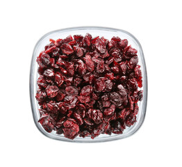 Bowl with tasty dried cranberries on white background