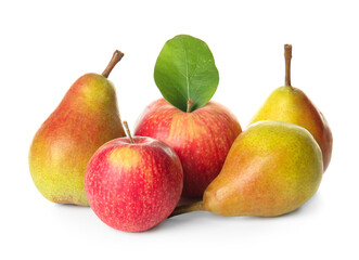 Ripe pears and apples on white background