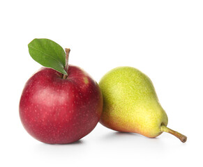 Ripe pear and apple on white background
