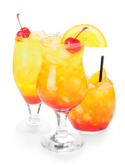 Glasses of tasty Tequila Sunrise cocktail on white background