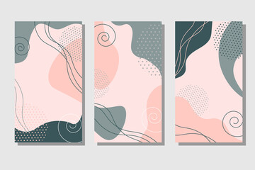 A set of cards with abstract pink, blue and gray spots. Vector illustration for use in designs, covers, flyers, invitations and greetings.