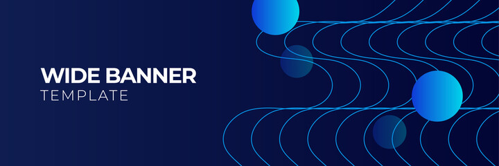 Blue wide banner background, layout futuristic brochures, flyers, placards. Contemporary science and digital technology concept. Vector template for brochure or cover with hi-tech elements background