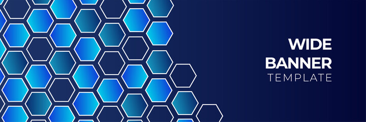 Blue tech wide banner background with abstract geometric shapes. Vector illustration for poster, business card, backdrop, flier, web header, game background and much more