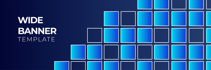 Blue tech wide banner background with abstract geometric shapes. Vector illustration for poster, business card, backdrop, flier, web header, game background and much more