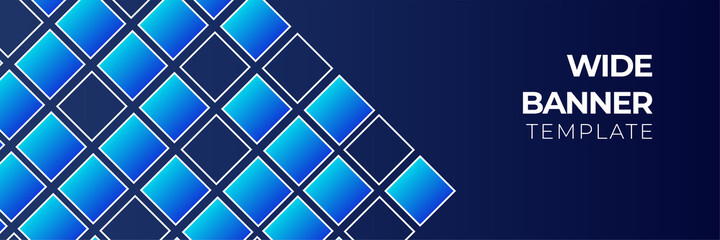 Blue tech wide banner background with abstract geometric shapes. Vector illustration for poster, business card, backdrop, flier, web header, game background and much more