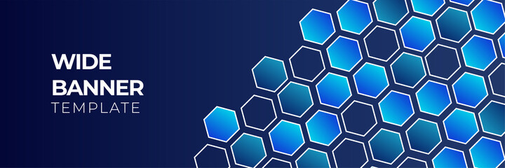 Blue tech wide banner background with abstract geometric shapes. Vector illustration for poster, business card, backdrop, flier, web header, game background and much more