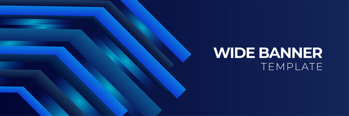 Fototapeta premium Blue tech wide banner background with abstract geometric shapes. Vector illustration for poster, business card, backdrop, flier, web header, game background and much more