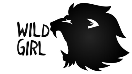 Wild girl, roaring lion silhouette.