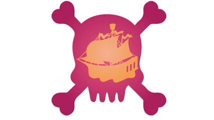 Pink pirate ship, silhouette, skull print.