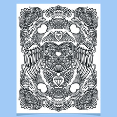 Hand drawn of heart with wings, mandala art