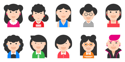 Set of 10 women portraits, different ages and status. Vector illustration isolated on white background