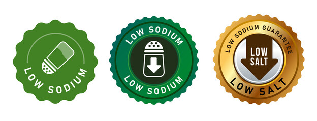 low sodium reduced salt label stamp design isolated for packaging in green and gold round seal stamp - obrazy, fototapety, plakaty