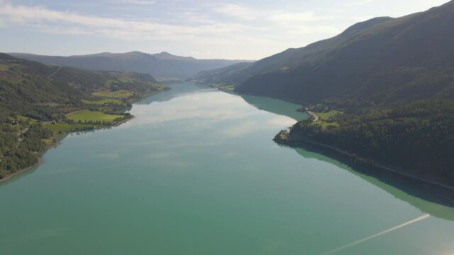 Incredible aerial shot of a mountain valley and Vagavatn lake in Norway