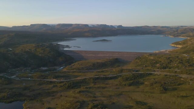 Aerial View Of Sysenvatnet (Lake Sysen) And Sysen Dam In Eidfjord, Vestland County, Norway.
