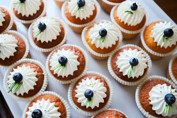 Cupcake with white cream and blueberries. catering, snacks on the buffet table