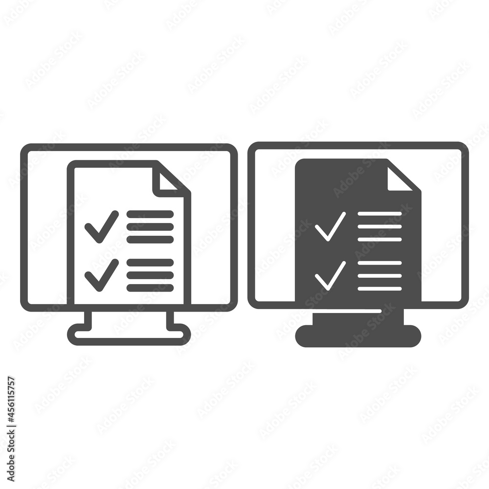 Poster monitor, monoblock with file document with ticks line and solid icon, documents concept, page vector