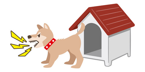 犬小屋の前で吠える犬のイラストレーション