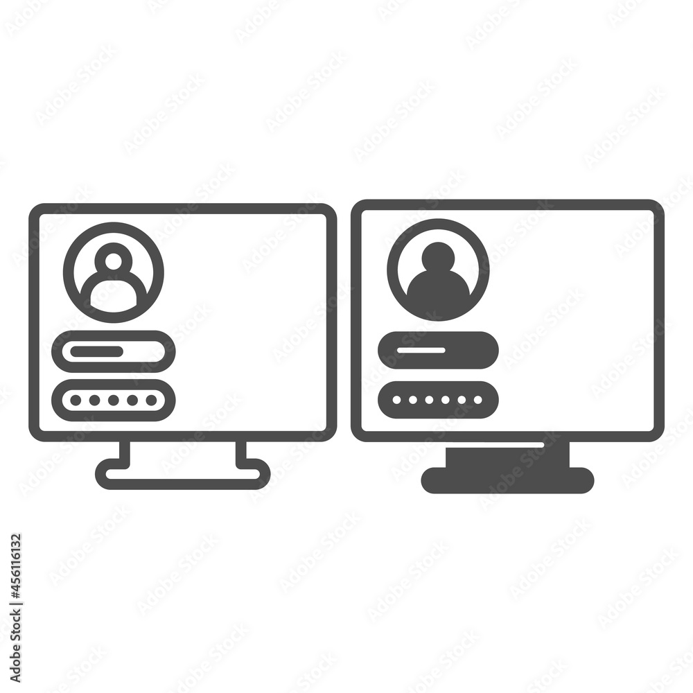 Poster monitor monoblock with user login page line and solid icon, computer concept, authorization vector s