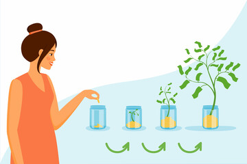 A woman who is engaged in household work invests money. Income growth. The money tree grows out of a glass jar. Coins and paper money are the leaves of a tree. Vector illustration of the concept.