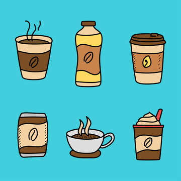Set of coffee doodle pictures drawn in a cute style isolated on blue background
