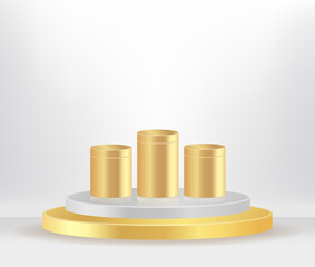 Modern white and gold cylinder pedestal podium, minimal, Stage for awards on website,  Abstract room,