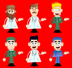 Funny cartoon doctor giving a hand. Vector illustration. Health care worker greeting you.