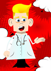 Funny cartoon doctor giving a hand. Vector illustration. Health care worker greeting you.