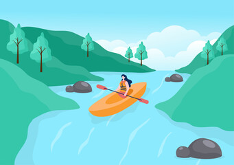 Rafting Background Flat Cartoon Vector Illustration With People do Activity Water Sports in the Middle of the Lake, Canoeing, Sitting in Boat and Holding Paddles