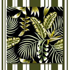Fashionable seamless tropical pattern with bright banana and palm leaves on a dark background. Beautiful exotic plants. Trendy summer Hawaii print. Colorful stylish floral