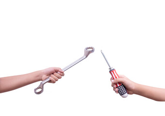 hand hold steel wrench.Auto Mechanic with Tool on white Background. Close-up of Repairman Strong Fist Holding Metalic Wrench in Garage. Automobile Repair Service Concept. Automobile Master Concept.