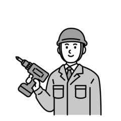 土木作業員さんのイラスト上半身　モノクロ