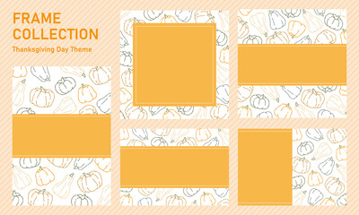 Thanksgiving　感謝祭　カラフル　カボチャ　メッセージカード　フレーム　メッセージなし/ Hand Drawn Colorful Thanksgiving Line Art Pumpkin Frame and Message Card - Vector Image (No Text)